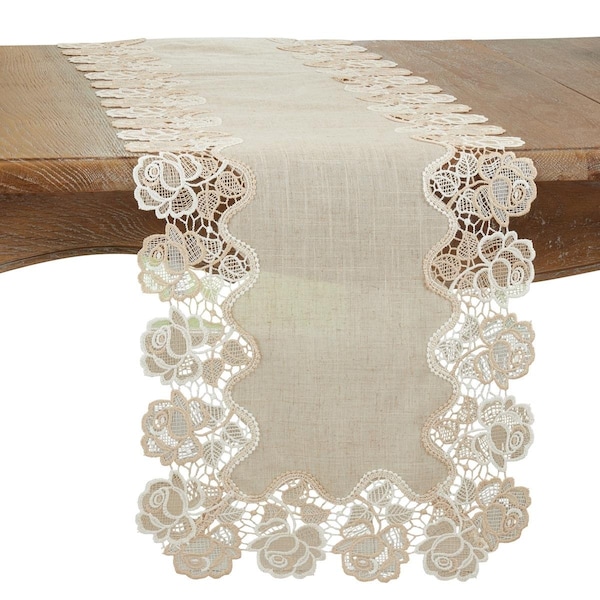 Saro 16 x 72 in. Lace Rose Border Oblong Table Runner, Natural - 7082.N1672B