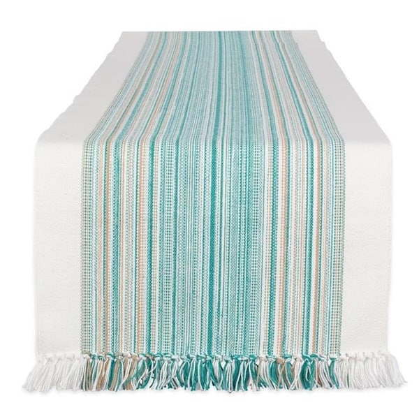 Fastfood 14 x 72 in. Teal Blue Striped Fringed Table Runner - FA1539495