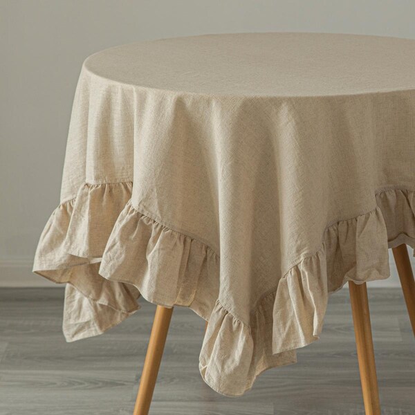 Morder 52 x 70 in. 100 Percent Pure Linen Washable Tablecloth with Ruffle Trim, Natural - Rectangle - MO2484135