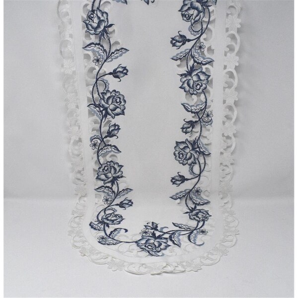 Sinobrite 16 x 45 in. Blue Rose on White Fabric Table Runner - H8459-16X45