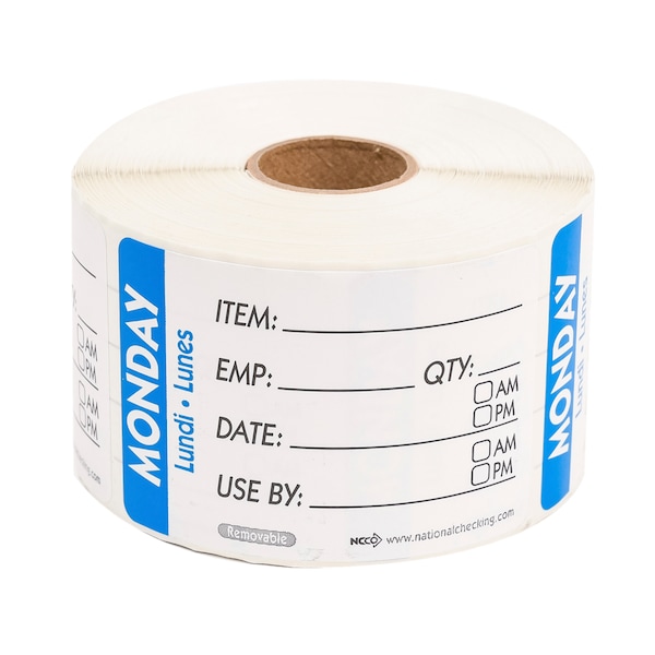 National Checking 2X3 Trilingual Item-Date-Use By Removable Monday Blue, PK500 - RIDU2301R