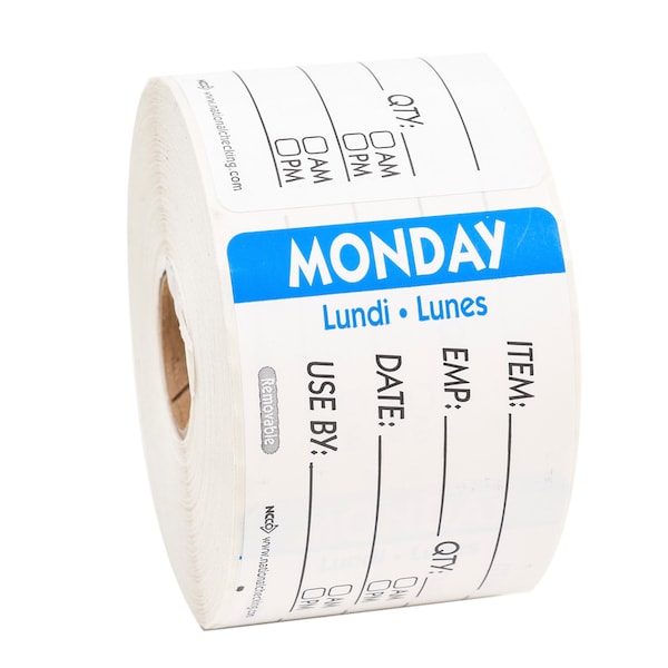 National Checking 2X3 Trilingual Item-Date-Use By Removable Monday Blue, PK500 - RIDU2301R