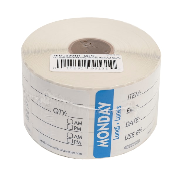 National Checking 2X3 Trilingual Item-Date-Use By Removable Monday Blue, PK500 - RIDU2301R