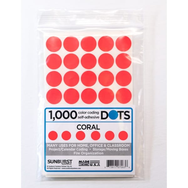 Sunburst Systems Labels Color Coding Coral 1000 Dots - 7063