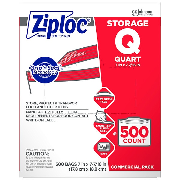 Ziploc Reclosable Poly Bag, Double Zip Seal, 7-7/16" x 7", 1.75 mil Thickness, Clear, 500PK - 682256