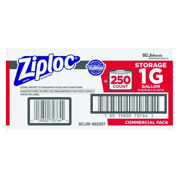 Ziploc Reclosable Poly Bag, Zip Seal, 10-15/16" x 10-1/2", 1.75 mil Thickness, Clear, 250PK - 682257