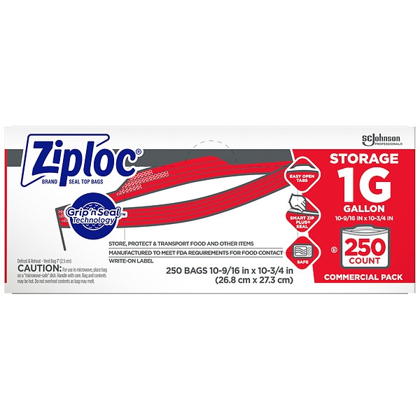 Ziploc Reclosable Poly Bag, Zip Seal, 10-15/16" x 10-1/2", 1.75 mil Thickness, Clear, 250PK - 682257