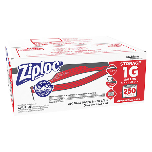 Ziploc Reclosable Poly Bag, Zip Seal, 10-15/16" x 10-1/2", 1.75 mil Thickness, Clear, 250PK - 682257