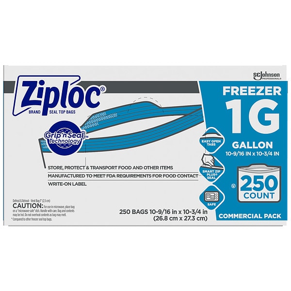 Ziploc Reclosable Poly Bag, Double Zip Seal, 10-9/16" x 10-3/4", 2.6 mil Thickness, Clear, 250PK - 682258