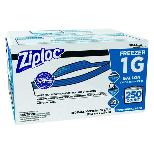 Ziploc Reclosable Poly Bag, Double Zip Seal, 10-9/16" x 10-3/4", 2.6 mil Thickness, Clear, 250PK - 682258