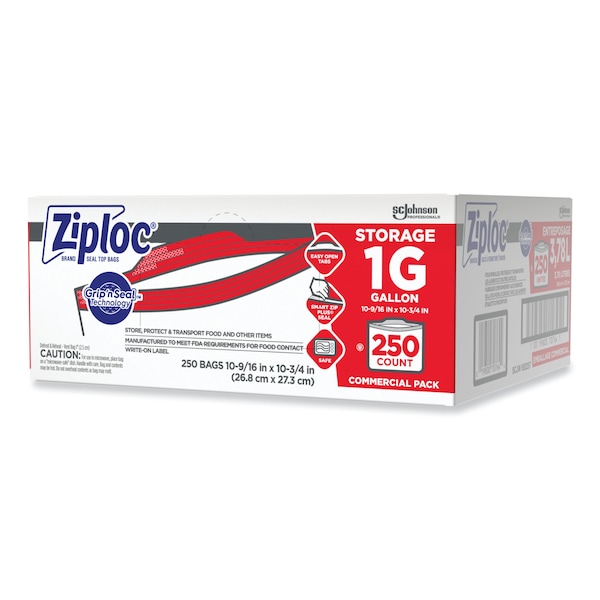 Ziploc Double Zipper Storage Bags, 1 gal, 1.75 mil, 10.56x10.75, Clear, PK250 - 682257