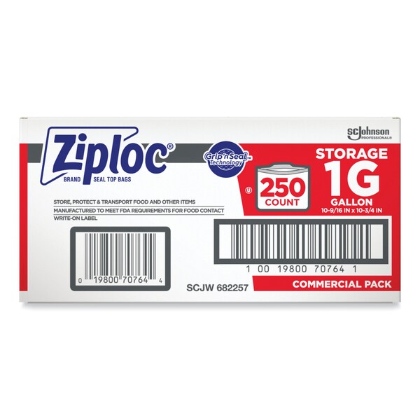 Ziploc Double Zipper Storage Bags, 1 gal, 1.75 mil, 10.56x10.75, Clear, PK250 - 682257
