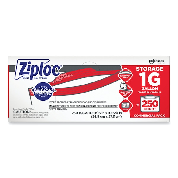 Ziploc Double Zipper Storage Bags, 1 gal, 1.75 mil, 10.56x10.75, Clear, PK250 - 682257