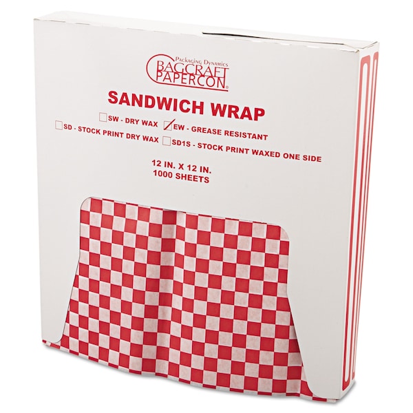 Bagcraft Grease-Resistant Paper Wrap/Liners, 12 x 12, Red Check, PK5000 - P057700
