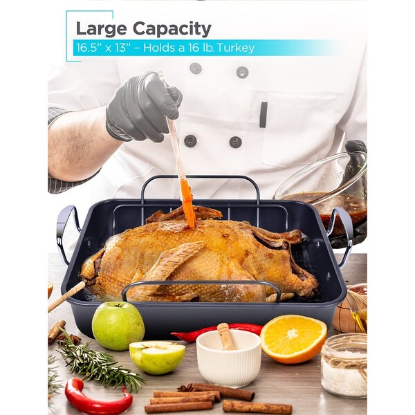 Black & Decker Large Turkey Roasting Pan with Rack, 0.8mm Carbon Steel Baking Pan - BDK400B