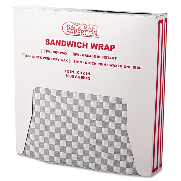 Bagcraft Grease-Resistant Wrap/Liners, 12 x 12, Black Checker, PK5000 - P057800