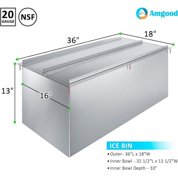 Amgood 18 in. x 36 in. Stainless Steel Drop-In Ice Bin with Sliding Lid - ICE BIN DIIB-183610-Z