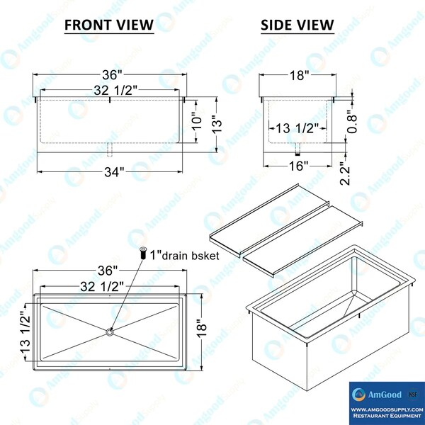 Amgood 18 in. x 36 in. Stainless Steel Drop-In Ice Bin with Sliding Lid - ICE BIN DIIB-183610-Z