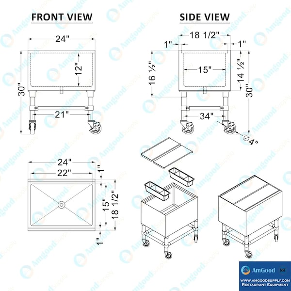 Amgood 18 in. x 24 in. Mobile Ice Bin with Sliding Lid - ICE BIN MIB-182412-Z