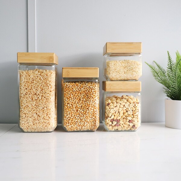 Hds Trading 4 Piece Square Glass Canisters with Bamboo Lids - ZOR95965