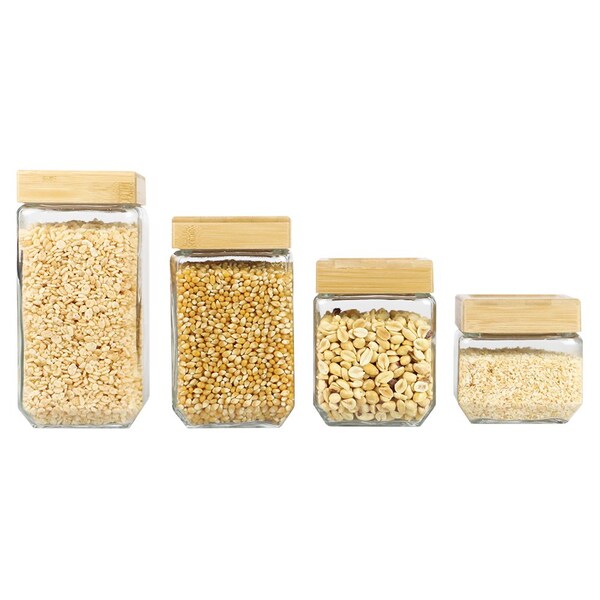 Hds Trading 4 Piece Square Glass Canisters with Bamboo Lids - ZOR95965