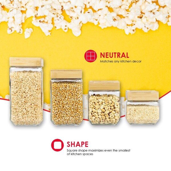 Hds Trading 4 Piece Square Glass Canisters with Bamboo Lids - ZOR95965