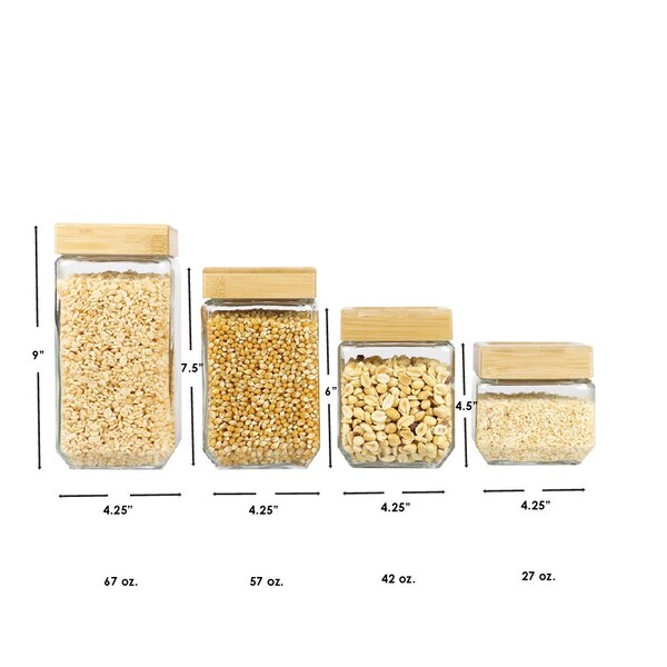 Hds Trading 4 Piece Square Glass Canisters with Bamboo Lids - ZOR95965