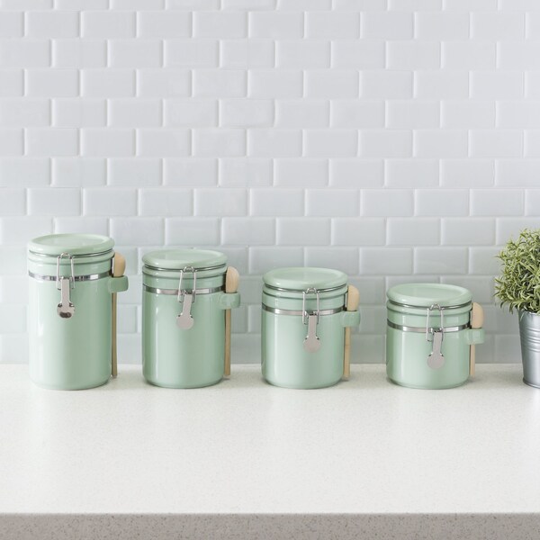 Hds Trading 4 Piece Ceramic Canisters with Easy Open AirTight Clamp Top Lid and Wooden Spoons, Mint - ZOR95958