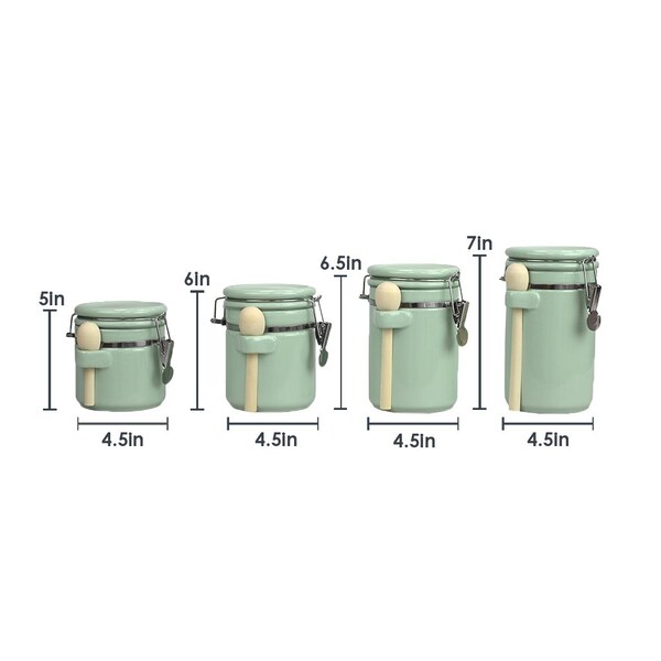 Hds Trading 4 Piece Ceramic Canisters with Easy Open AirTight Clamp Top Lid and Wooden Spoons, Mint - ZOR95958