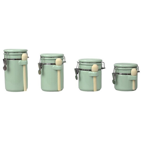 Hds Trading 4 Piece Ceramic Canisters with Easy Open AirTight Clamp Top Lid and Wooden Spoons, Mint - ZOR95958
