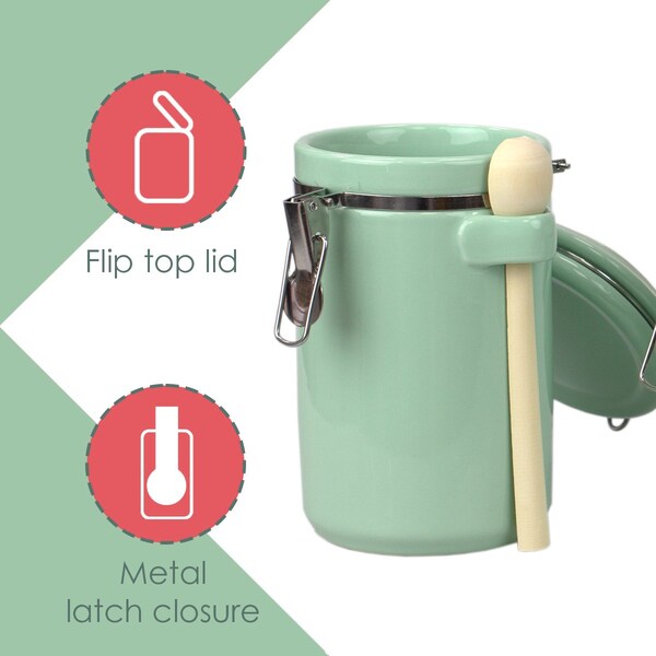 Hds Trading 4 Piece Ceramic Canisters with Easy Open AirTight Clamp Top Lid and Wooden Spoons, Mint - ZOR95958