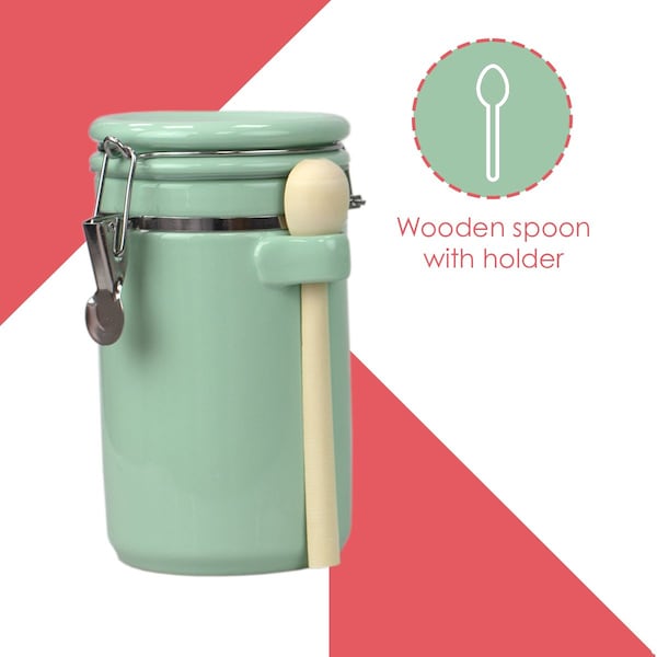 Hds Trading 4 Piece Ceramic Canisters with Easy Open AirTight Clamp Top Lid and Wooden Spoons, Mint - ZOR95958