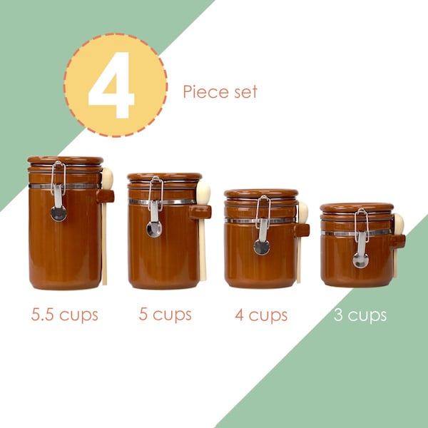 Hds Trading 4 Piece Ceramic Canisters with Easy Open AirTight Clamp Top Lid and Wooden Spoons, Brown - ZOR95960