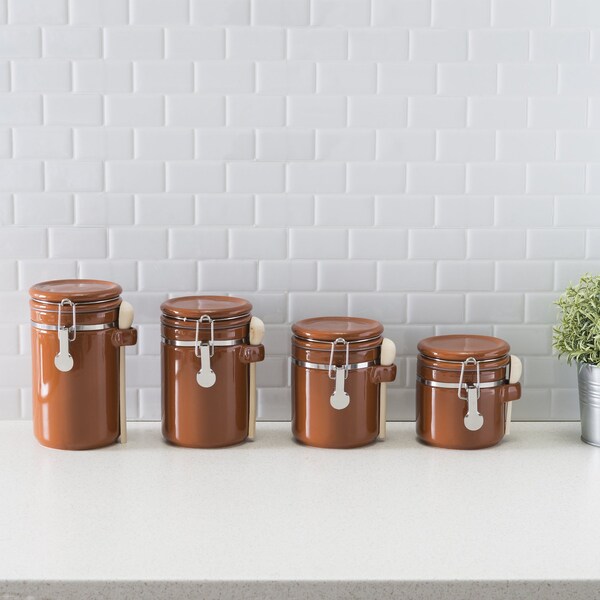 Hds Trading 4 Piece Ceramic Canisters with Easy Open AirTight Clamp Top Lid and Wooden Spoons, Brown - ZOR95960