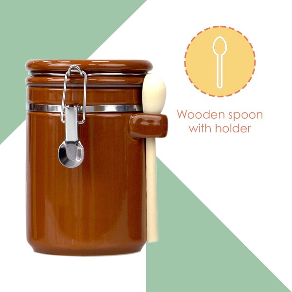 Hds Trading 4 Piece Ceramic Canisters with Easy Open AirTight Clamp Top Lid and Wooden Spoons, Brown - ZOR95960