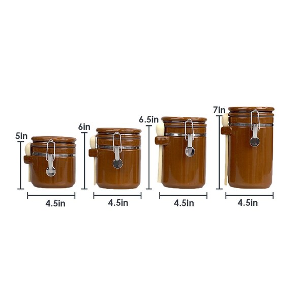 Hds Trading 4 Piece Ceramic Canisters with Easy Open AirTight Clamp Top Lid and Wooden Spoons, Brown - ZOR95960