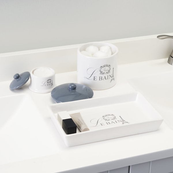 Hds Trading Le Bain Paris 2 Piece Ceramic Canister Set with Coordinating Ceramic Vanity Tray, White - ZOR95897
