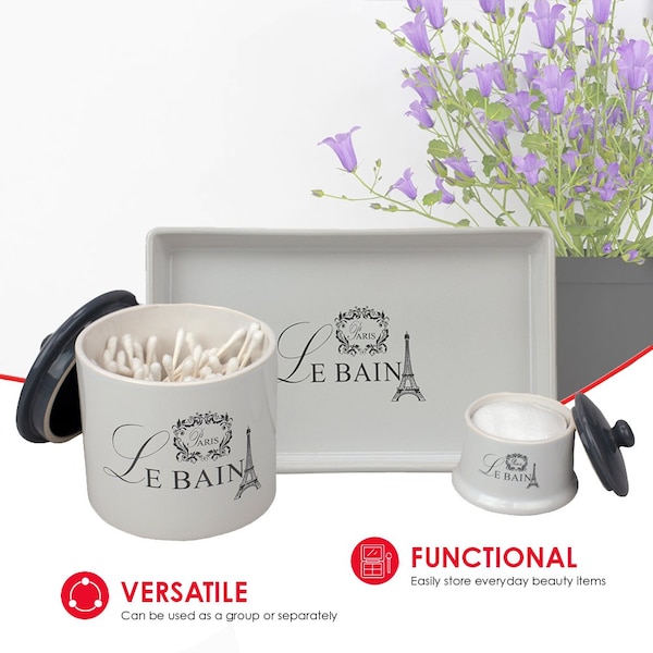 Hds Trading Le Bain Paris 2 Piece Ceramic Canister Set with Coordinating Ceramic Vanity Tray, White - ZOR95897
