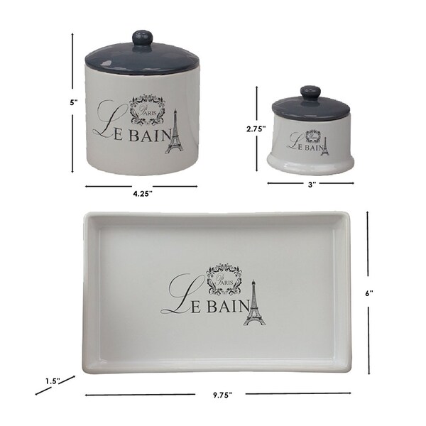 Hds Trading Le Bain Paris 2 Piece Ceramic Canister Set with Coordinating Ceramic Vanity Tray, White - ZOR95897
