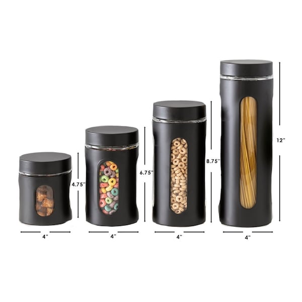 Hds Trading 4 Piece Stainless Steel Canisters with Multiple PeekThrough Windows, Black - ZOR95966