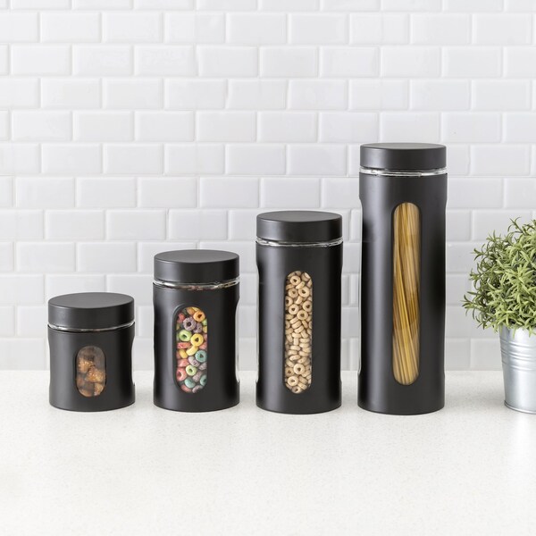 Hds Trading 4 Piece Stainless Steel Canisters with Multiple PeekThrough Windows, Black - ZOR95966
