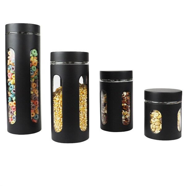 Hds Trading 4 Piece Stainless Steel Canisters with Multiple PeekThrough Windows, Black - ZOR95966