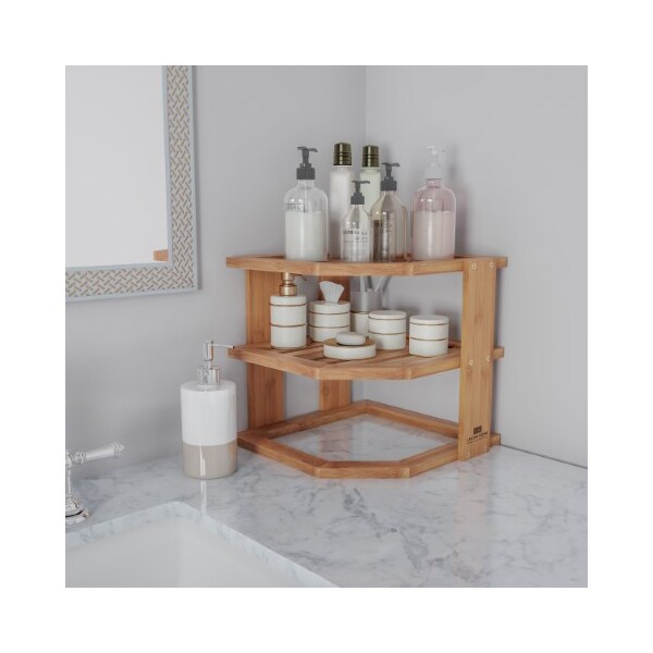 Hastings Home 3-Tier Bamboo Corner Shelf for Kitchen or Bathroom Cabinet, Countertop, Cupboard Storage, Organizer - 506761YNS