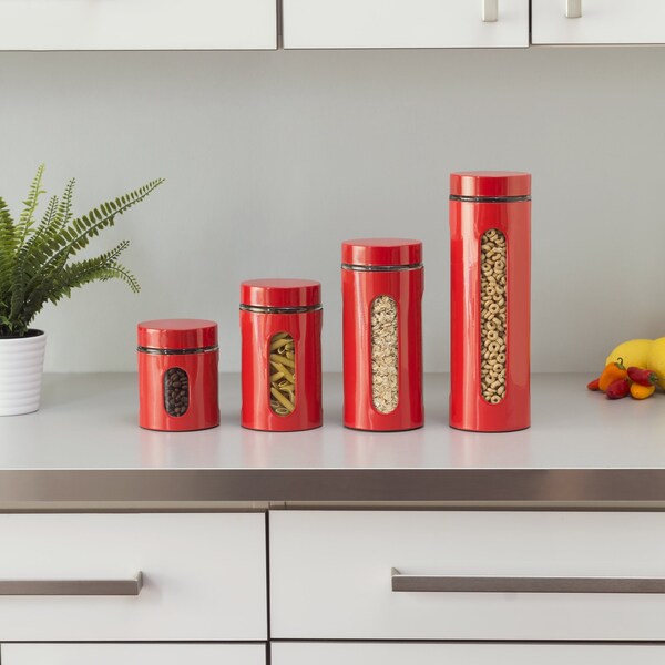 Hds Trading 4 Piece Essence Collection Stainless Steel Canister Set, Red - ZOR95962