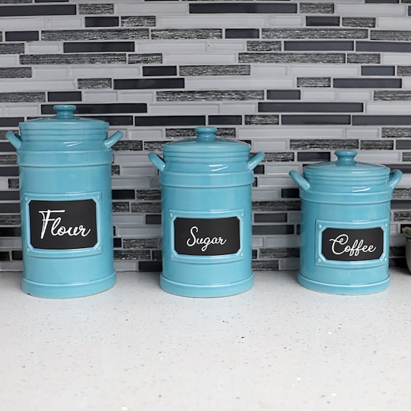 Hds Trading 3 Piece Ceramic Canisters with Chalkboard Labels, Turquoise - ZOR95911