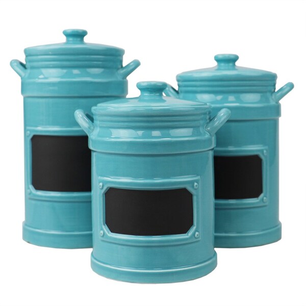 Hds Trading 3 Piece Ceramic Canisters with Chalkboard Labels, Turquoise - ZOR95911