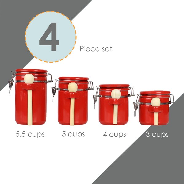 Hds Trading 4 Piece Ceramic Canister Set with Wooden Spoons, Red - ZOR95957