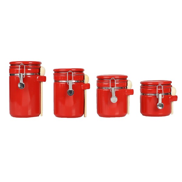 Hds Trading 4 Piece Ceramic Canister Set with Wooden Spoons, Red - ZOR95957