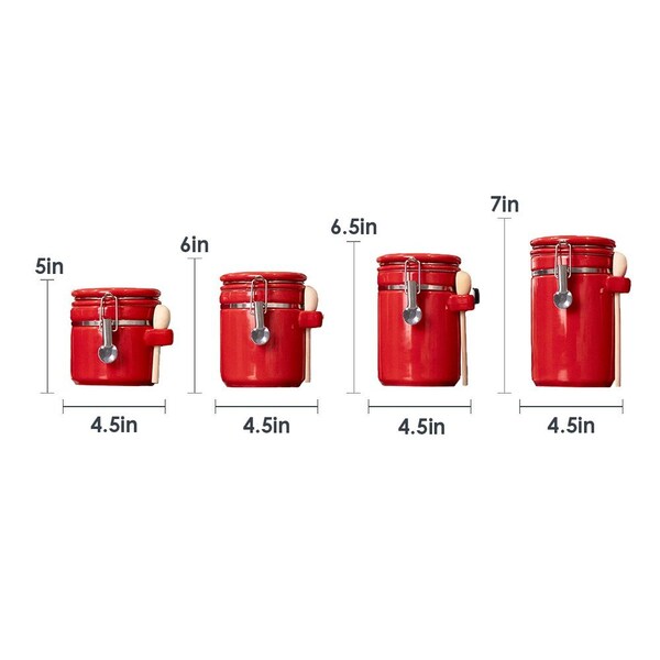 Hds Trading 4 Piece Ceramic Canister Set with Wooden Spoons, Red - ZOR95957