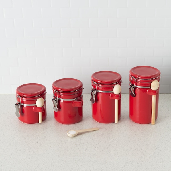 Hds Trading 4 Piece Ceramic Canister Set with Wooden Spoons, Red - ZOR95957